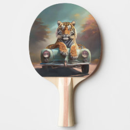 Tiger sitzt auf einem Sportwagen  Tischtennis Schläger