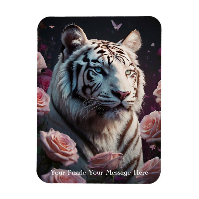 Tiger sitzt in einem rosa Rosengarten Magnet (Vertikal)