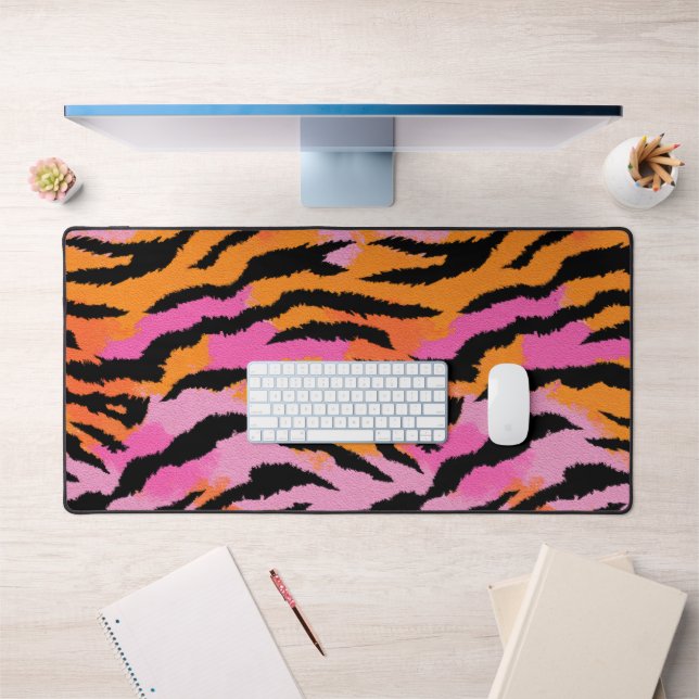 Tiger Skin Animal Print Pink & Orange y2k Retro Schreibtischunterlage (Büro 1)
