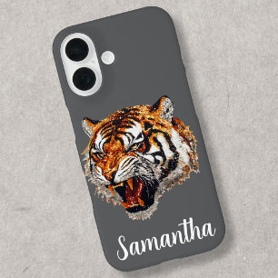 Tiger Snarling Imitats Sequin Look Personalisiert iPhone 16 Hülle