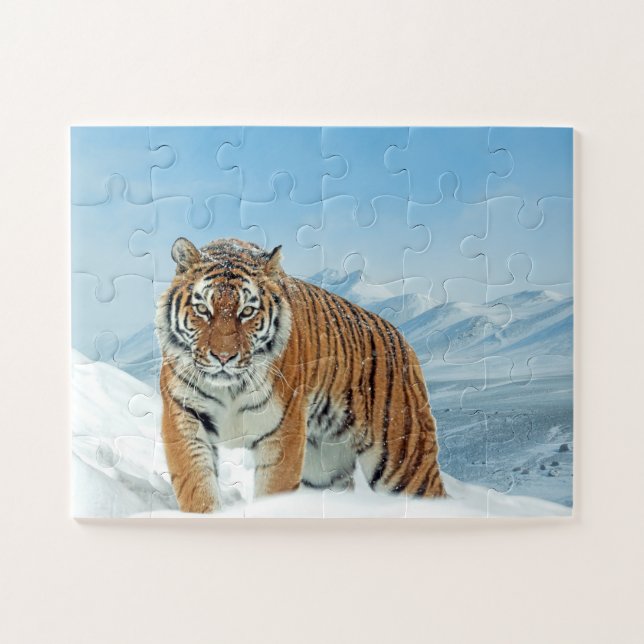 Tiger Snow Mountains Tierisches Foto Trendy Puzzle (Horizontal)