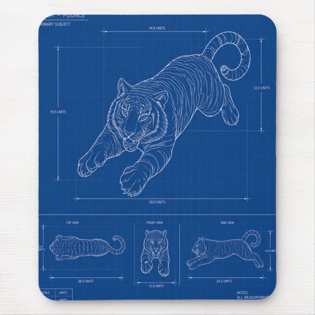 Tiger-Sprung-Blueprint – Technisches Linienkunstpl Mousepad (Vorne)