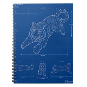 Tiger-Sprung-Blueprint – Technisches Linienkunstpo Notizblock