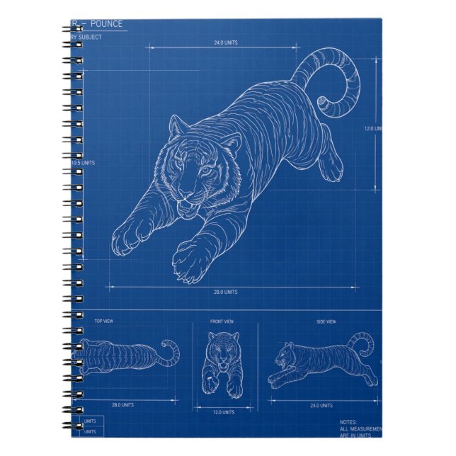 Tiger-Sprung-Blueprint – Technisches Linienkunstpo Notizblock (Vorderseite)