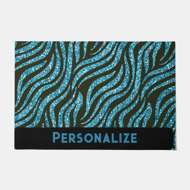 Tiger Stripe Blue Glitzer Animal Print Fußmatte (Vorderseite)