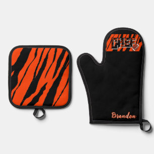 Tiger Stripe Schwarz Orange Fußball Design Ofenhandschuh & Topflappen-Set