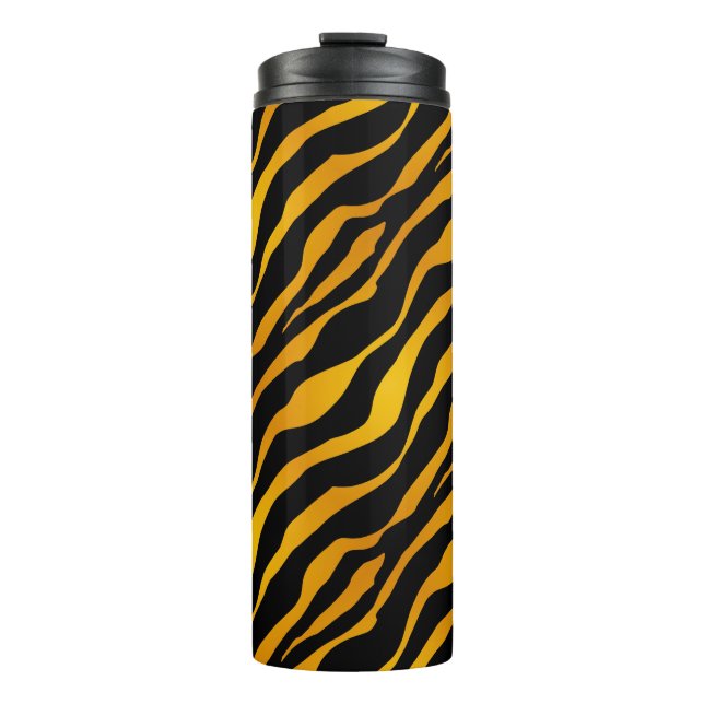 Tiger Stripes Animal Print, Amber und Schwarz Thermosbecher (Vorderseite)