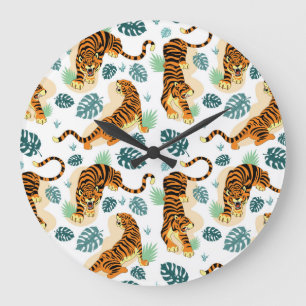 Tiger Tropische Blätter: Vintage Illustration. Große Wanduhr