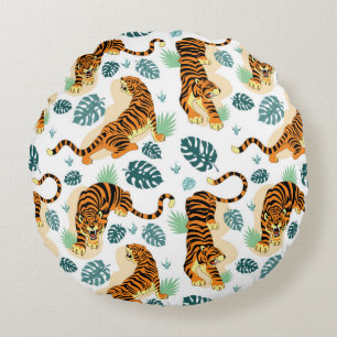 Tiger Tropische Blätter: Vintage Illustration. Rundes Kissen
