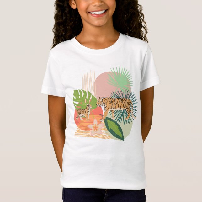 Tiger-tropische Blumen drucken abstrakte T-Shirt (Vorderseite)