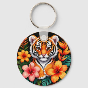 Tiger umgeben von tropischen Blume Schlüsselanhänger