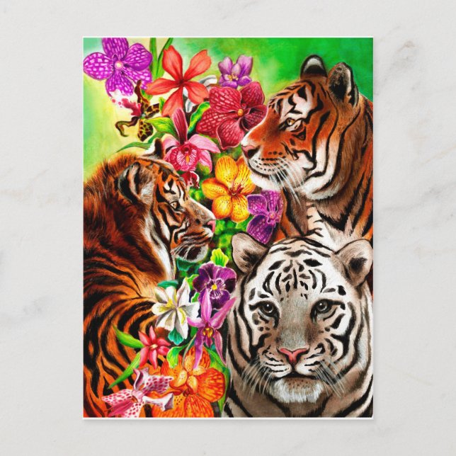 Tiger und Blume Schöne Dschungelkunst Postkarte (Vorderseite)