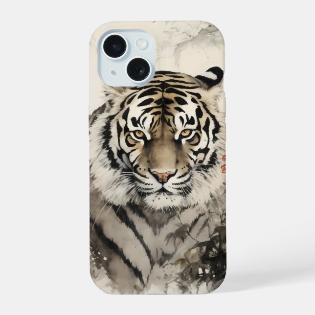 Tiger und Blumen iPhone 15 Hülle (Rückseite)