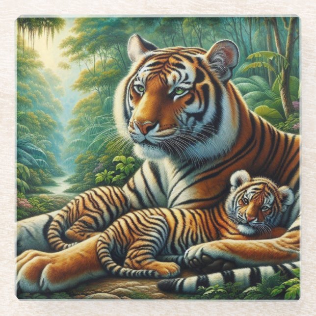 Tiger und Cube in einem üppigen Dschungel Gemälde Glasuntersetzer (Vorderseite)