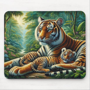 Tiger und Cube in einem üppigen Dschungel Gemälde Mousepad