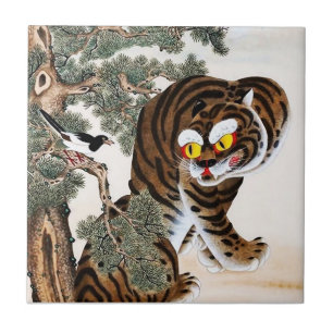 Tiger und Elster Minhwa unter der Kiefer Fliese