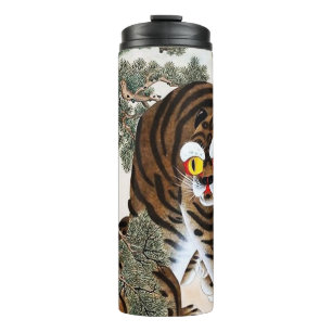 Tiger und Elster Minhwa unter der Kiefer Thermosbecher