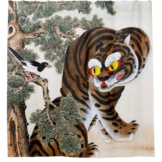 Tiger und Magpie Minhwa unter Pine Tree Duschvorhang (Vorderseite)