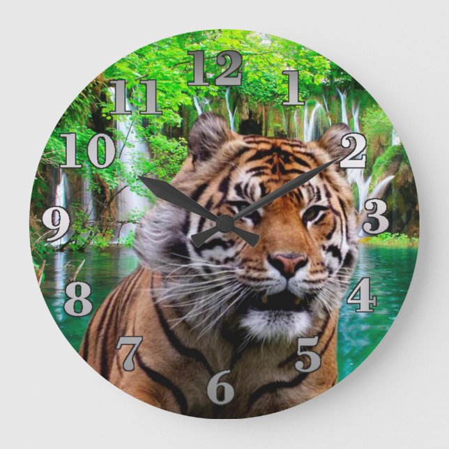 Tiger und Wasserfall Große Wanduhr (Vorderseite)