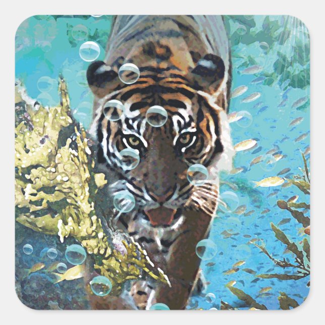 Tiger unter Wasser Fantasie Tierart Quadratischer Aufkleber (Vorderseite)