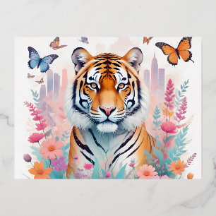 Tiger Vintage Natur-Wald Dschungel-Blume Folien Feiertagspostkarte