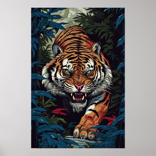 Tiger Wall Poster, Illustration japanischer Art Poster (Vorne)