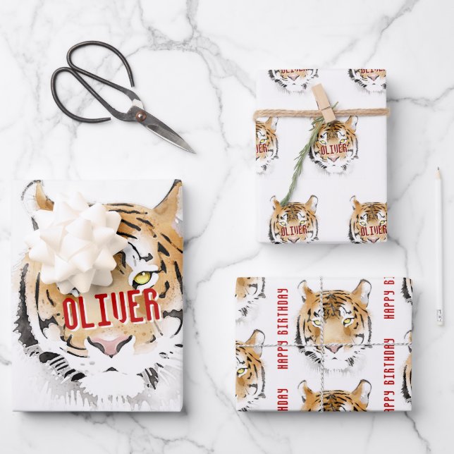 Tiger Watercolor Animal Happy Birthday Geschenkpapier Set (Vorderseite)
