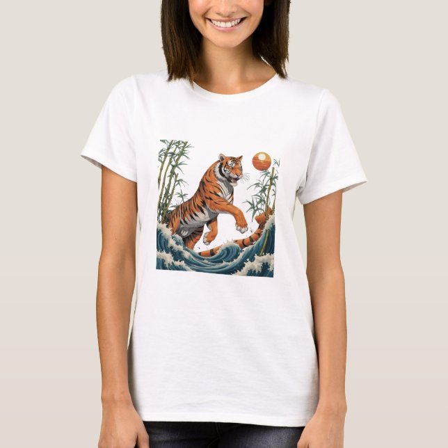 Tiger Wave Art - Ukiyo-e Bamboo Sunset Design T-Shirt (Vorderseite)