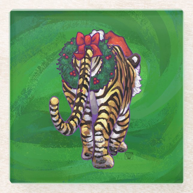 Tiger Weihnachten auf Grün Glasuntersetzer (Vorderseite)