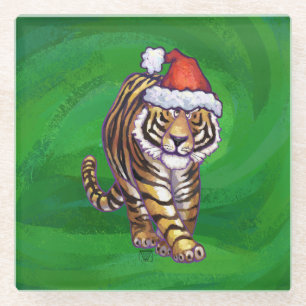 Tiger Weihnachten auf Grün Glasuntersetzer