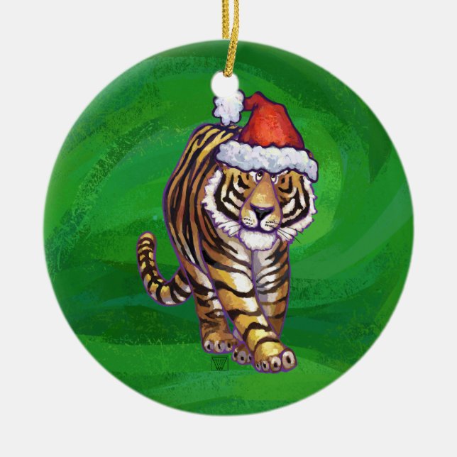 Tiger Weihnachten auf Grün Keramikornament (Vorne)