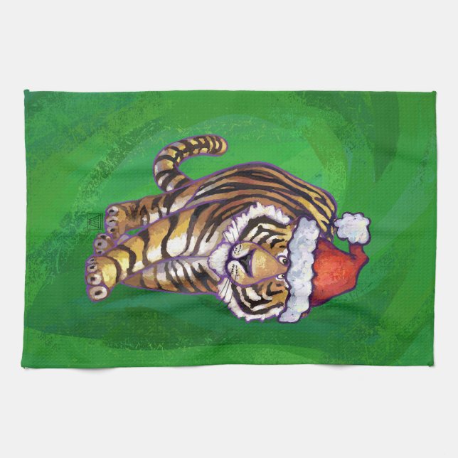 Tiger Weihnachten auf Grün Küchentuch (Horizontal)