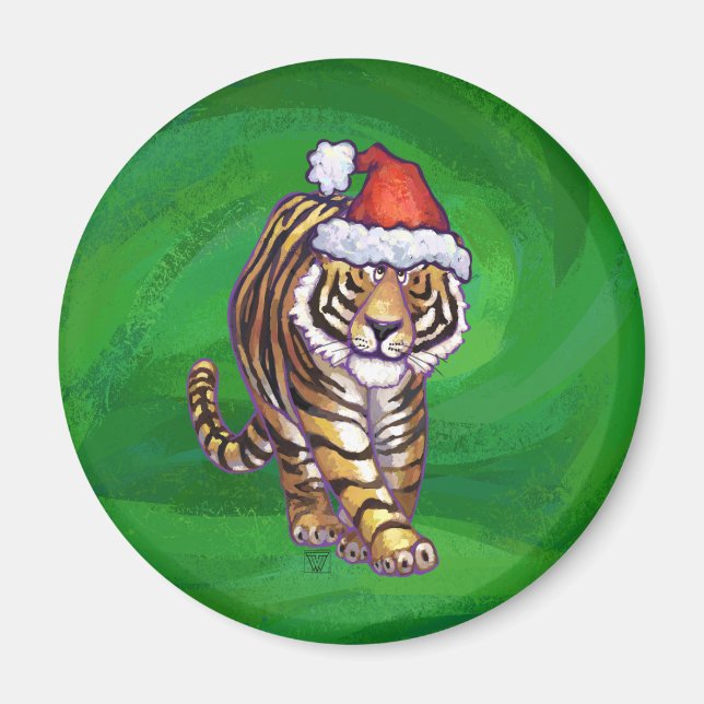 Tiger Weihnachten auf Grün Magnet (Vorne)