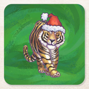 Tiger Weihnachten auf Grün Rechteckiger Pappuntersetzer