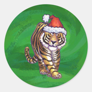 Tiger Weihnachten auf Grün Runder Aufkleber