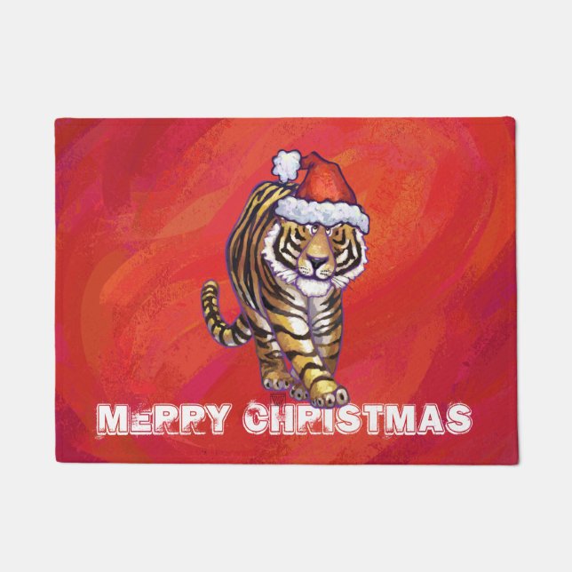 Tiger Weihnachten auf Rot Fußmatte (Vorderseite)