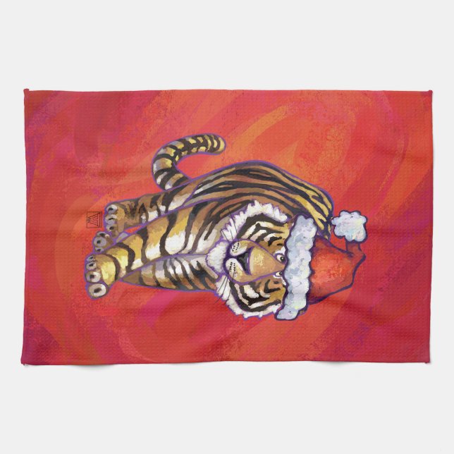 Tiger Weihnachten auf Rot Geschirrtuch (Horizontal)