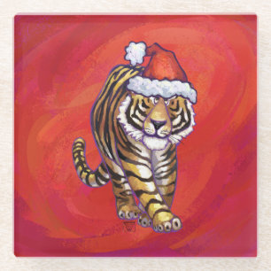 Tiger Weihnachten auf Rot Glasuntersetzer
