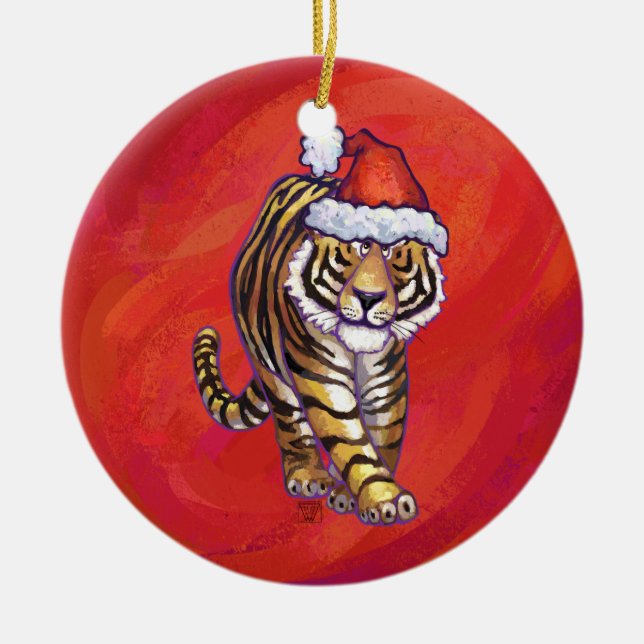 Tiger Weihnachten auf Rot Keramik Ornament (Vorne)