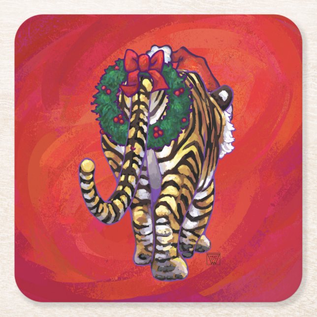 Tiger Weihnachten auf Rot Rechteckiger Pappuntersetzer (Vorderseite)
