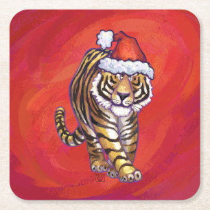 Tiger Weihnachten auf Rot Rechteckiger Pappuntersetzer