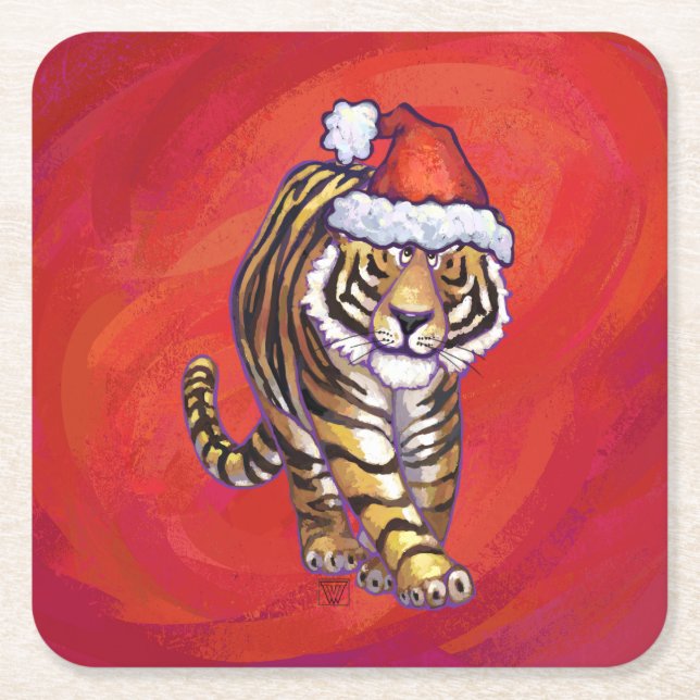 Tiger Weihnachten auf Rot Rechteckiger Pappuntersetzer (Vorderseite)