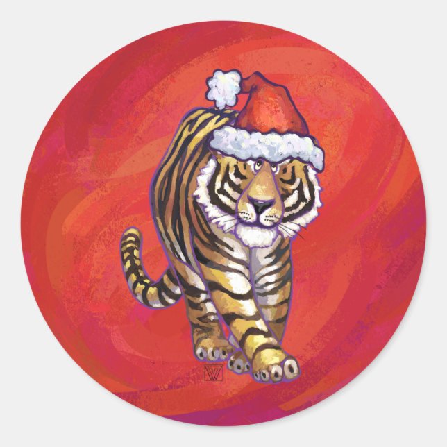Tiger Weihnachten auf Rot Runder Aufkleber (Vorderseite)