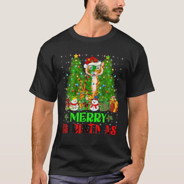 Tiger Weihnachtsbaumleuchten Matching Family Santa T-Shirt (Vorderseite)