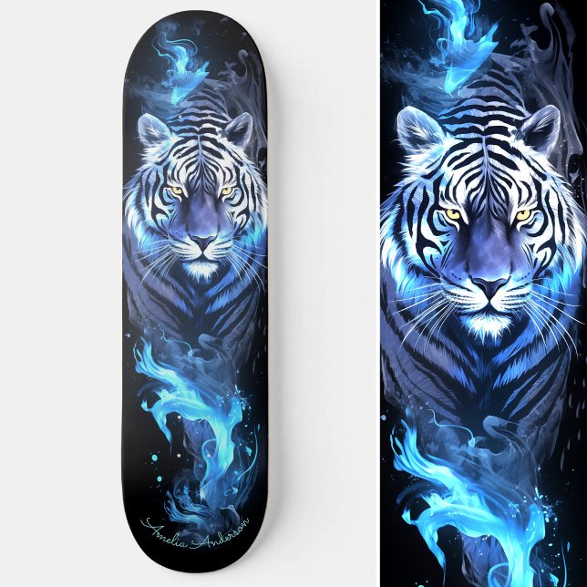 Tiger White & Blue Gaming Cooler Stil Skateboard (Tiger White & Blue Glowing Cool Style Skateboard)