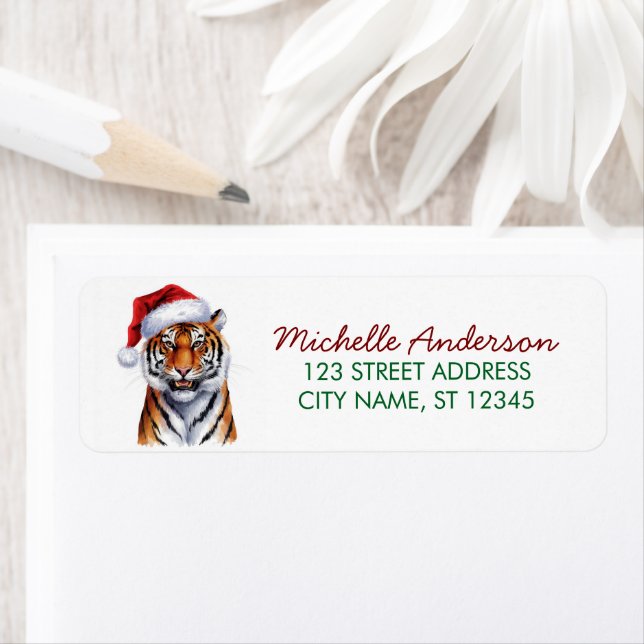 tiger with a Santa hat Christmas Return Address (Insitu)