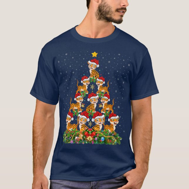 Tiger Xmas Bäume Geschenk Weihnachtsmannmütze Tige T-Shirt (Vorderseite)