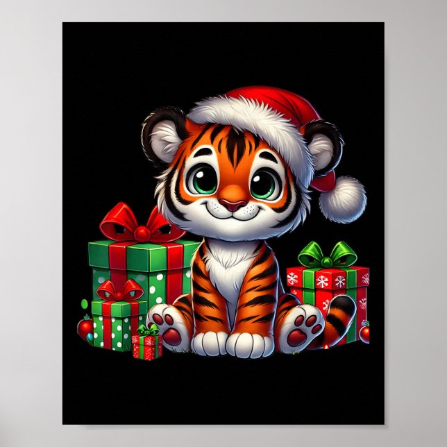 Tiger Xmas Lighting Weihnachtsmannmütze Tiger Weih Poster (Vorne)
