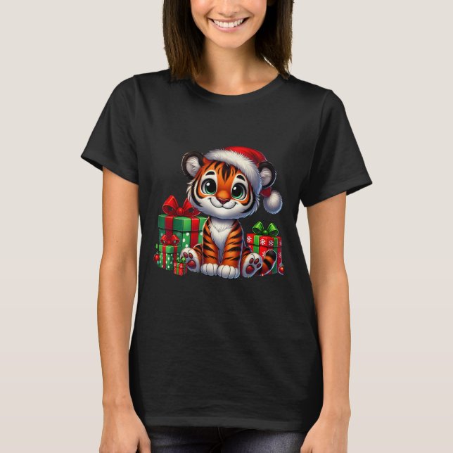 Tiger Xmas Lighting Weihnachtsmannmütze Tiger Weih T-Shirt (Vorderseite)