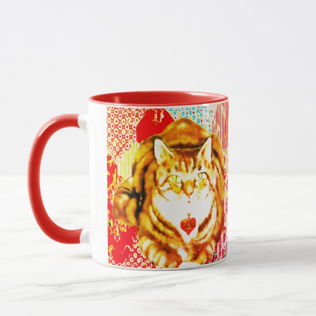 Tiger Yellow Cat Red Whimsical Background Mug Tasse (Links)